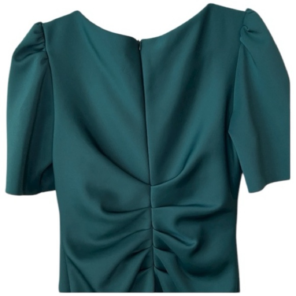 Xscape Ruched Hunter Green Puff Sleeve Short Sleeve Sheath Scuba Dress Size 12 - Picture 7 of 10